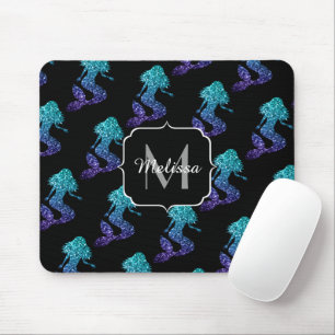 Mermaid aqua blue ombre Sparkles pattern Monogram Mouse Mat