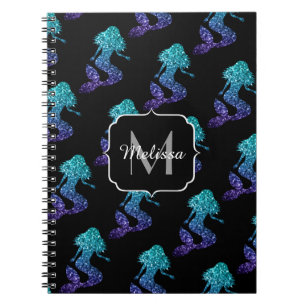 Mermaid aqua blue ombre Sparkles pattern Monogram Notebook