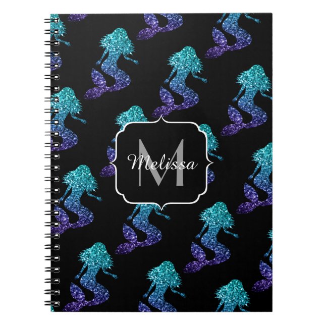 Mermaid aqua blue ombre Sparkles pattern Monogram Notebook (Front)