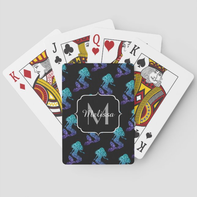 Mermaid aqua blue ombre Sparkles pattern Monogram Playing Cards (Back)