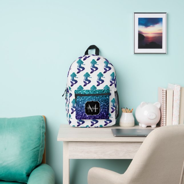 Mermaid aqua blue ombre Sparkles pattern Monogram Printed Backpack (Insitu)