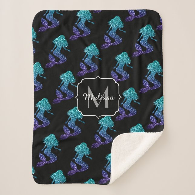 Mermaid aqua blue ombre Sparkles pattern Monogram Sherpa Blanket (Front)