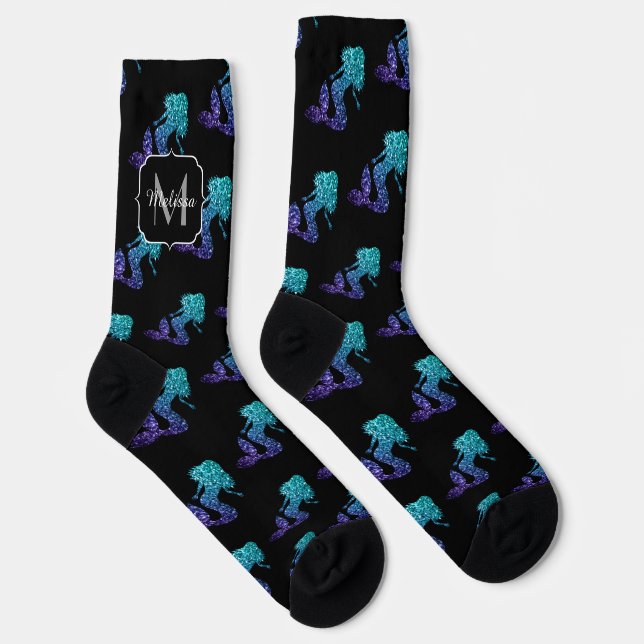 Mermaid aqua blue ombre Sparkles pattern Monogram Socks (Right)