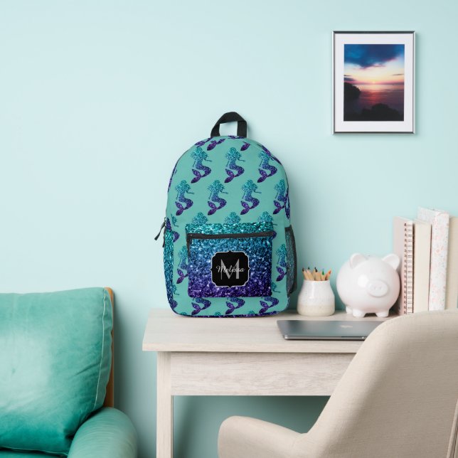 Mermaid aqua blue ombre Sparkles teal Monogram Printed Backpack (Insitu)