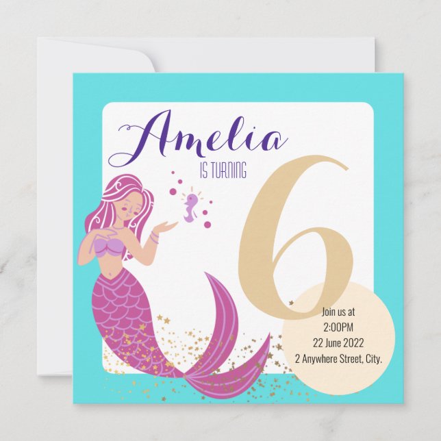Mermaid Aqua Blue Purple Whimsical Birthday Kids Invitation (Front)