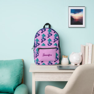 Mermaid aqua blue Sparkles custom name lavender Printed Backpack