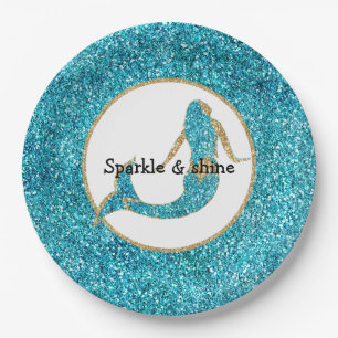 Mermaid Aqua Gold Glitz Glitter Paper Plate