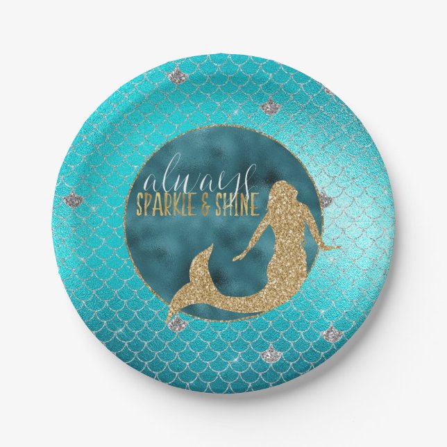 Mermaid Aqua Gold Silver Sparkle Glitter Paper Plate (Front)