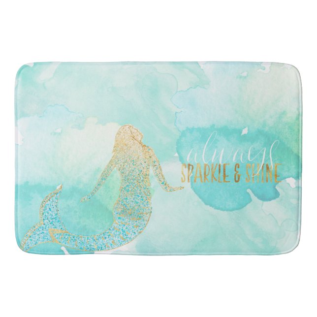 Mermaid Aqua Gold Sparkle Bath Mat (Front)