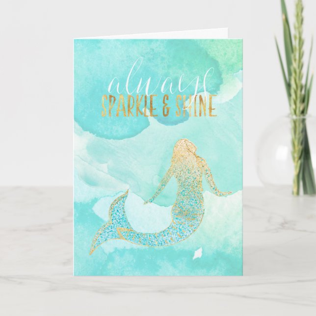 Mermaid Aqua Gold Sparkle Card (Front)