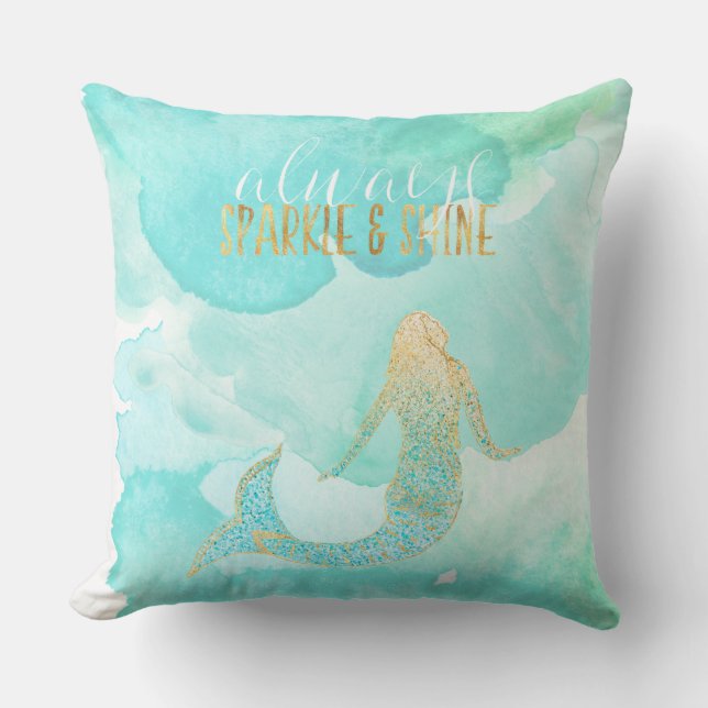 Mermaid Aqua Gold Sparkle Cushion (Front)