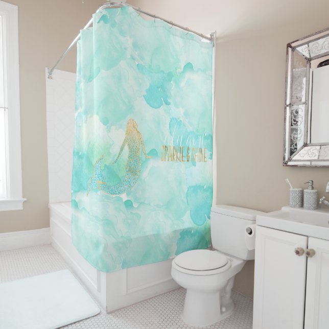 Mermaid Aqua Gold Sparkle Shower Curtain (In Situ)