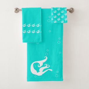 Mermaid Aqua Teal Blue and White Bath Towel Set