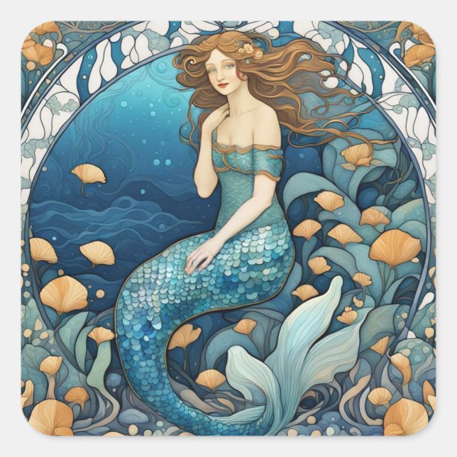 Mermaid Art Nouveau Aqua Blue Turquoise Art Deco Square Sticker (Front)