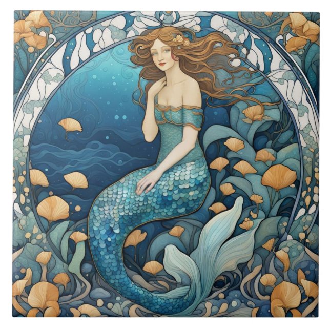 Mermaid Art Nouveau Aqua Blue Turquoise Art Deco Tile (Front)