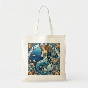 Mermaid Art Nouveau Aqua Blue Turquoise Art Deco Tote Bag