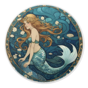 Mermaid Art Nouveau Art Deco Style Blue Ceramic Knob