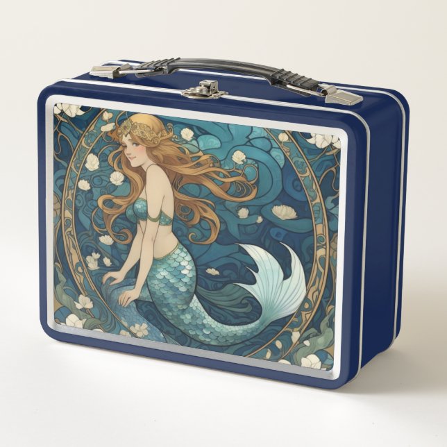 Mermaid Art Nouveau Art Deco Style Blue Metal Lunch Box (Front)