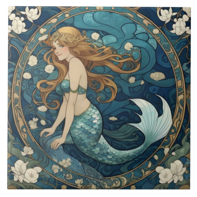 Mermaid Art Nouveau Art Deco Style Blue Tile (Front)