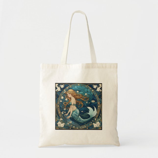 Mermaid Art Nouveau Art Deco Style Blue Tote Bag (Front)