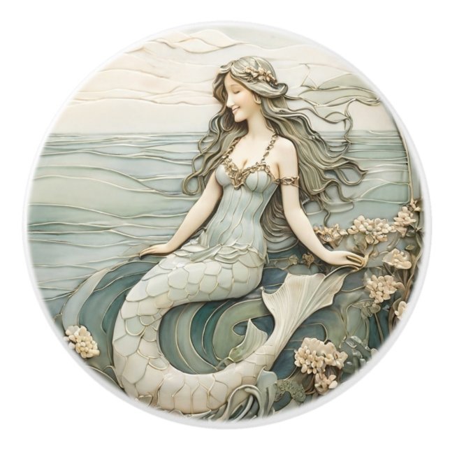 Mermaid Art Nouveau Faux Relief Mint L Ocean Sea Ceramic Knob (Front)