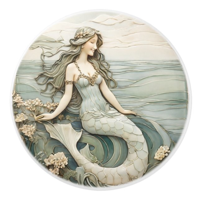 Mermaid Art Nouveau Faux Relief Mint R Ocean Sea Ceramic Knob (Front)