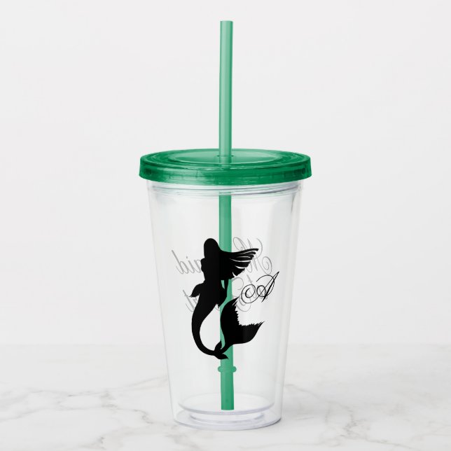 Mermaid at Heart Black Mermaid Silhouette Monogram Acrylic Tumbler (Front)