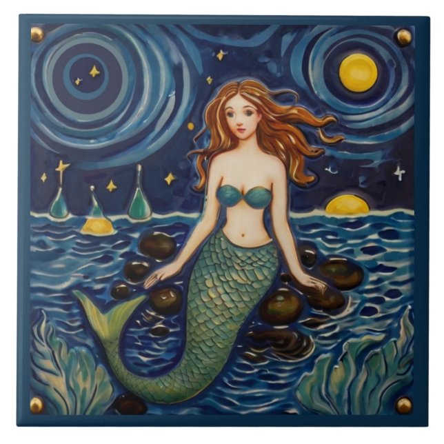 Mermaid at Night Sea Ocean Fairytale Dark Blue Tile (Front)