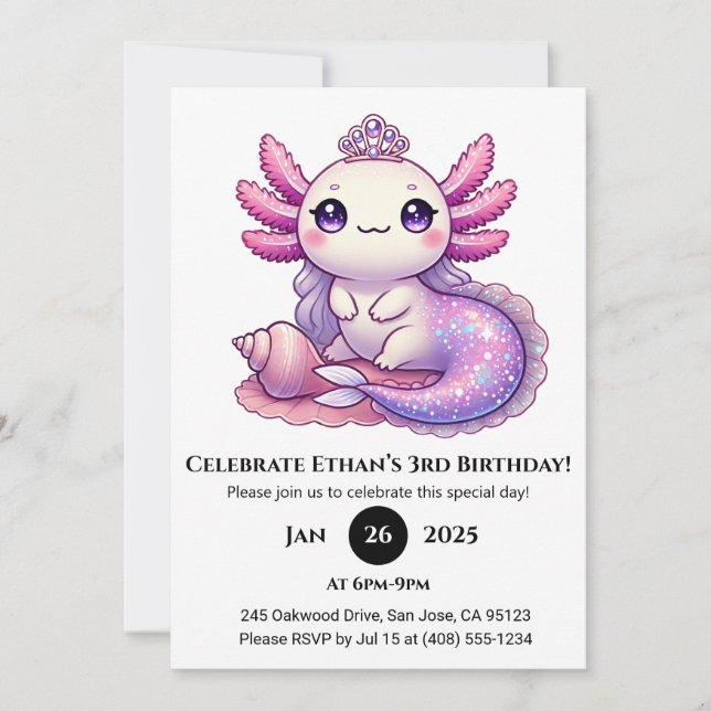 Mermaid Axolotl Princess Birthday Invitation (Front)