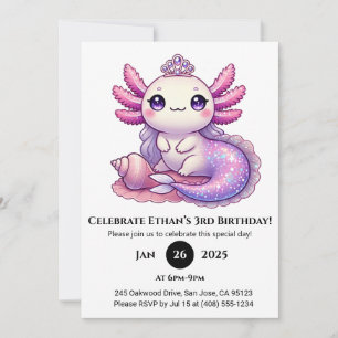 Mermaid Axolotl Princess Birthday Invitation