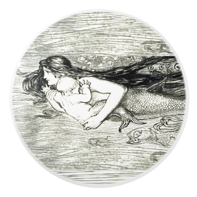 Mermaid & baby art by Amelia Bauerle Bowerley Ceramic Knob (Front)
