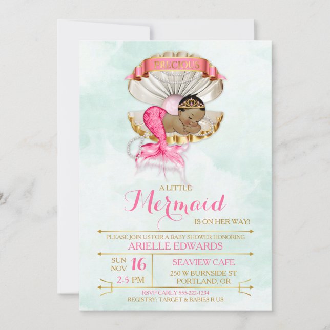 Mermaid Baby Clam Shell Tiara African American Invitation (Front)