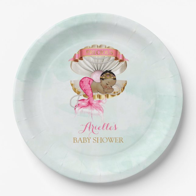 Mermaid Baby Clam Shell Tiara African American Paper Plate (Front)