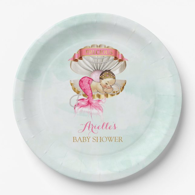 Mermaid Baby Clam Shell Tiara Pearls Pink Gold Paper Plate (Front)