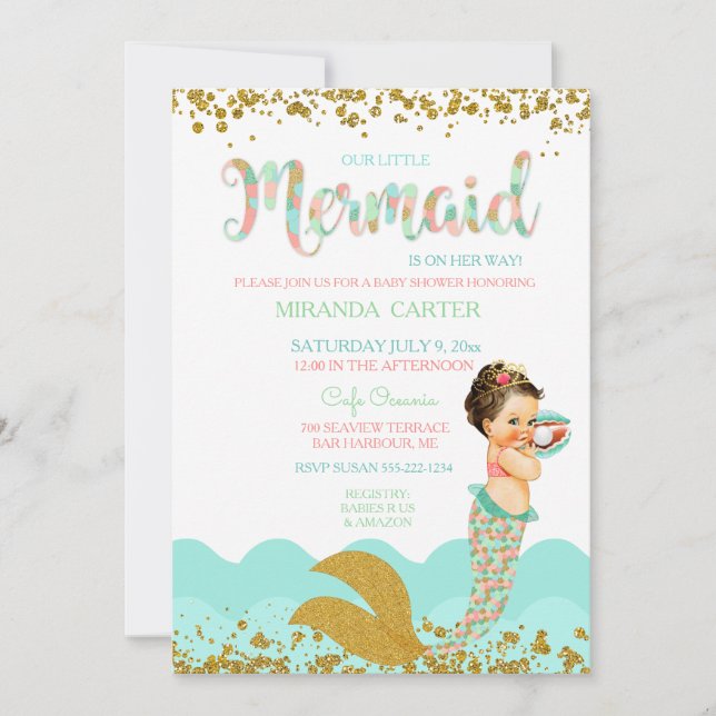 Mermaid Baby Girl Peach Coral Mint Gold Invitation (Front)