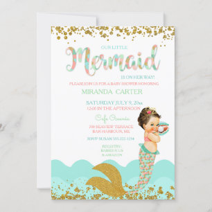 Mermaid Baby Girl Peach Coral Mint Gold Invitation