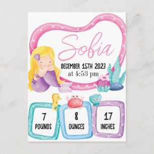 Mermaid Baby Photo Birth Stats Announcement Postcard