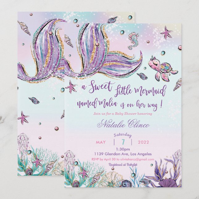 Mermaid Baby Shower Baby Girl  Invitation (Front/Back)