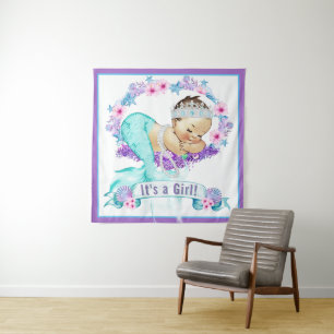 Mermaid Baby Shower Backdrop Banner Tapestry