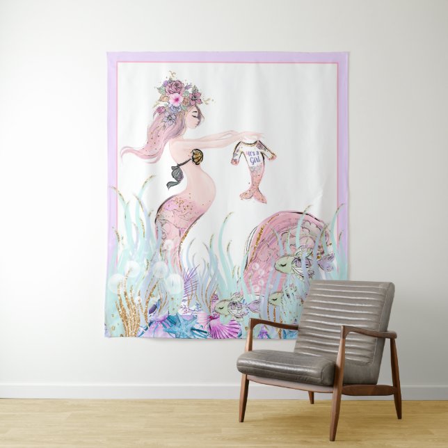 Mermaid Baby Shower Backdrop Banners Tapestry (In Situ)