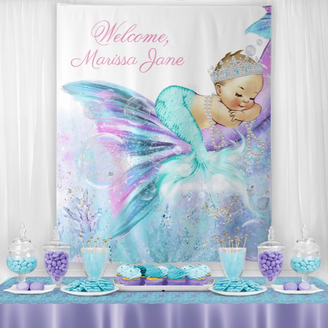 Mermaid Baby Shower Backdrop Blonde Mermaid Tapestry (You can change the text for your event.)