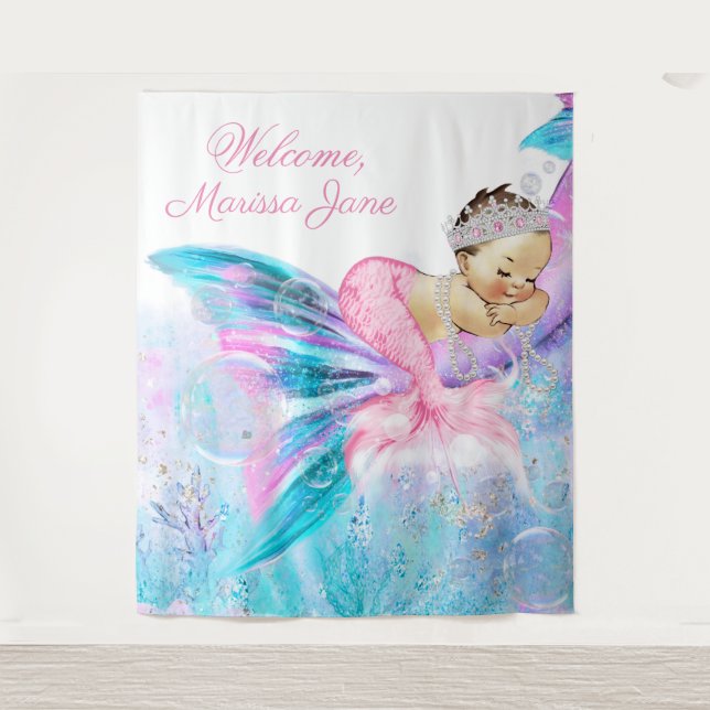 Mermaid Baby Shower Backdrop Brunette Mermaid Tapestry (Front)