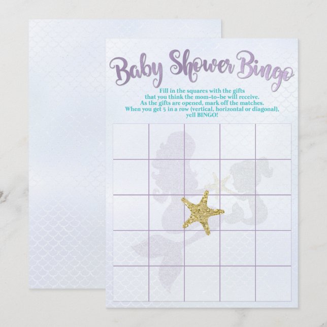 Mermaid Baby Shower Bingo Cards (Front/Back)