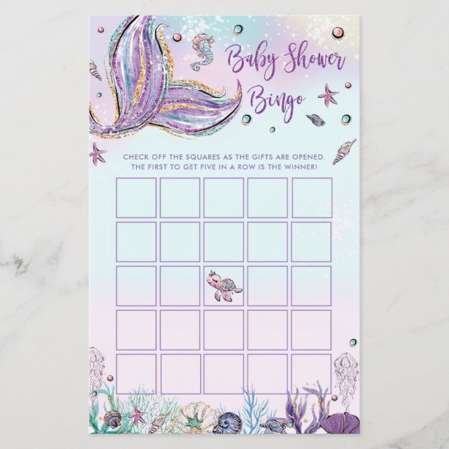 Mermaid Baby Shower Bingo Game Activity Baby Girl (Front)