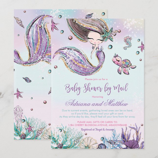 Mermaid Baby Shower by Mail Long Distance Virtual Invitation (Front/Back)