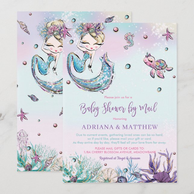Mermaid Baby Shower by Mail Long Distance Virtual Invitation (Front/Back)