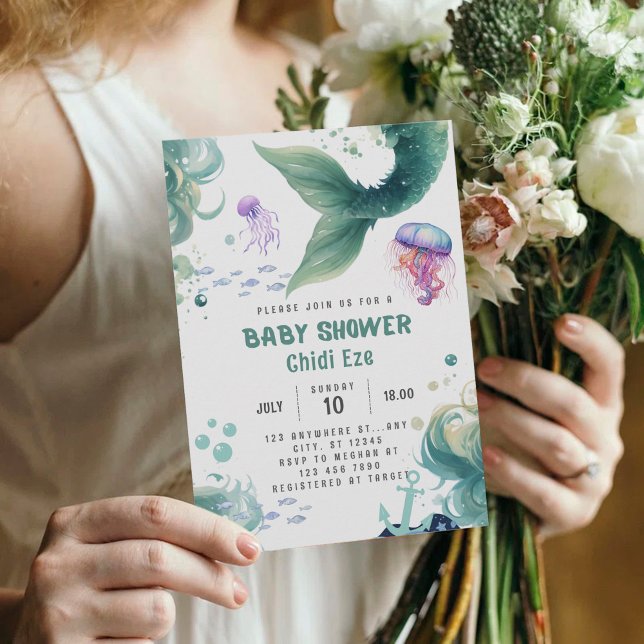 Mermaid Baby Shower Colourful Jellyfish Watercolor Invitation (Creator Uploaded)