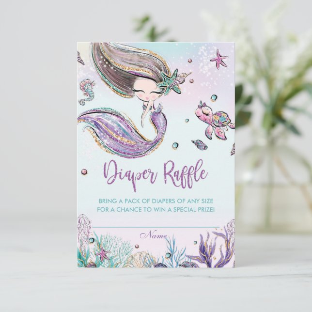 Mermaid Baby Shower Diaper Raffle Ticket Card (Standing Front)