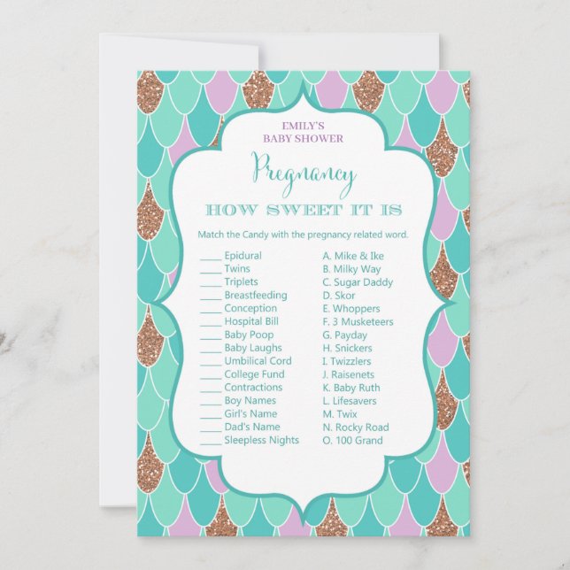 Mermaid Baby Shower Game w answer Invitation (Front)