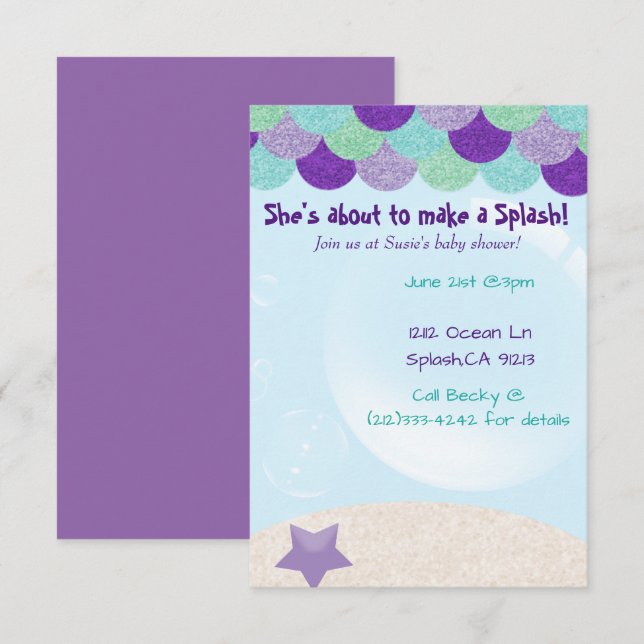 Mermaid baby shower invitation (Front/Back)